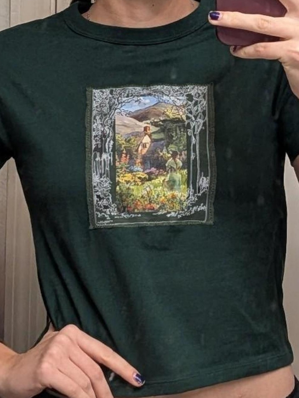 Dark Green Graphic Cottage Scene Baby Tee Tshirt